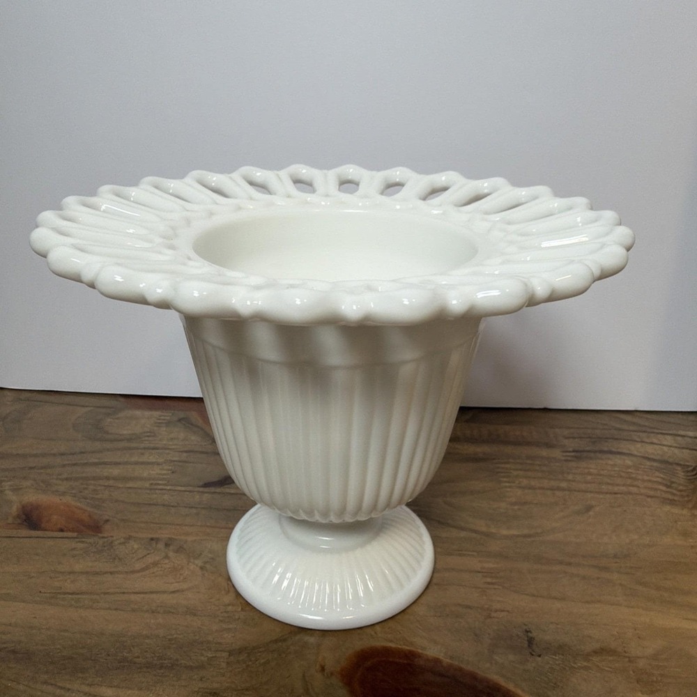 Vintage Milk Glass Pedestal Compote Vase Open Lace Rim Fluted Footed Bowl - Picture 6 of 8